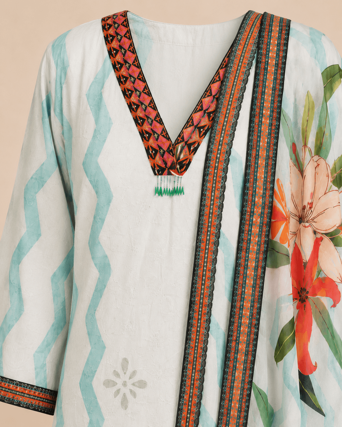 White Multicolour Floral Kaftan Kurti Set