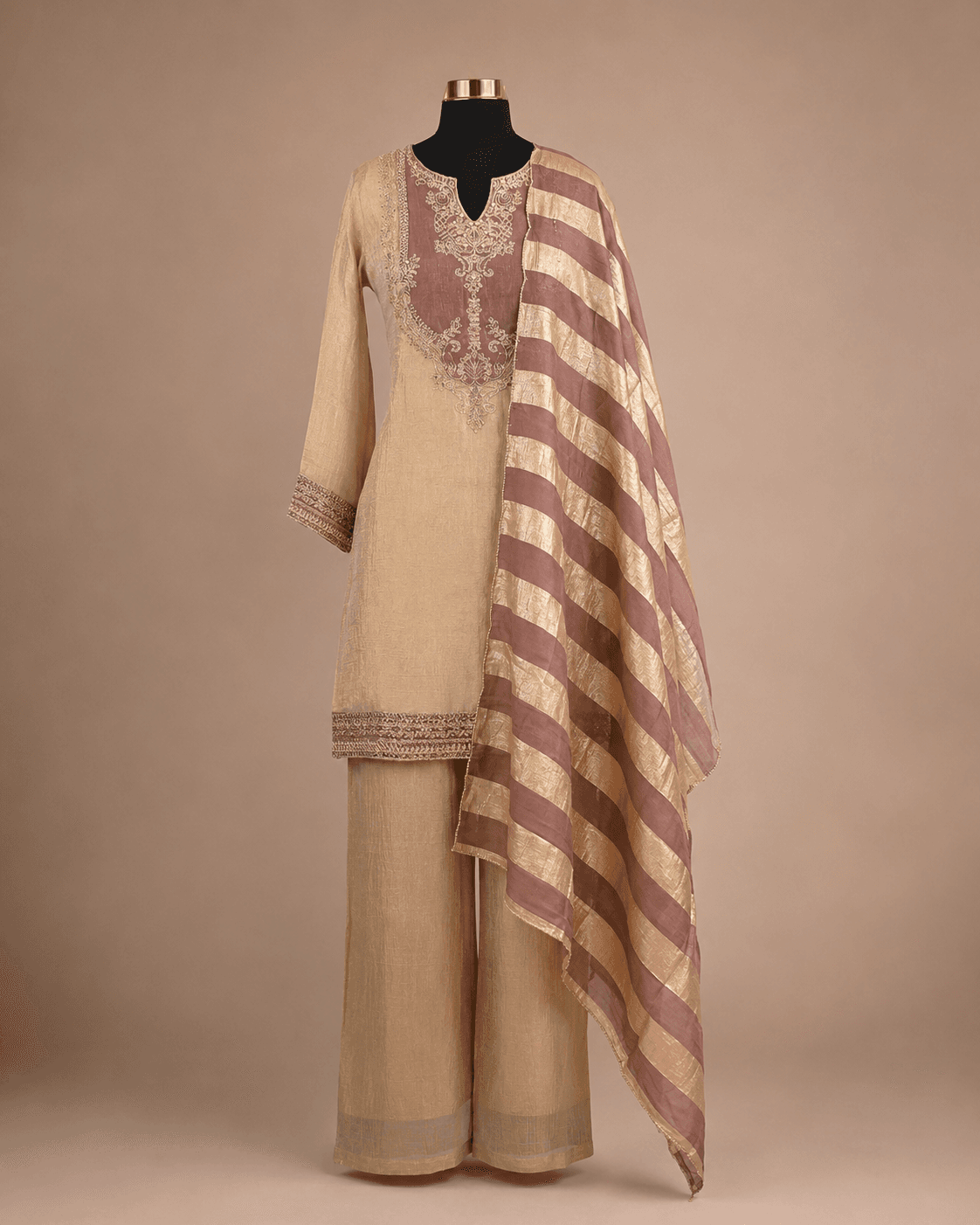 Beige Mauve Dupatta Kurti Set