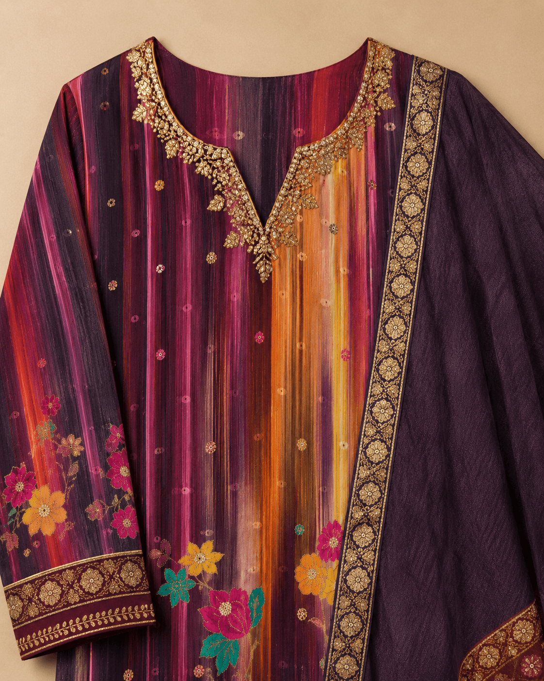 Deep Purple Multicolour Floral Kurti Set