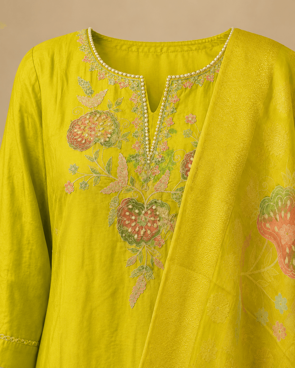 Lime Yellow Floral Kurti Set