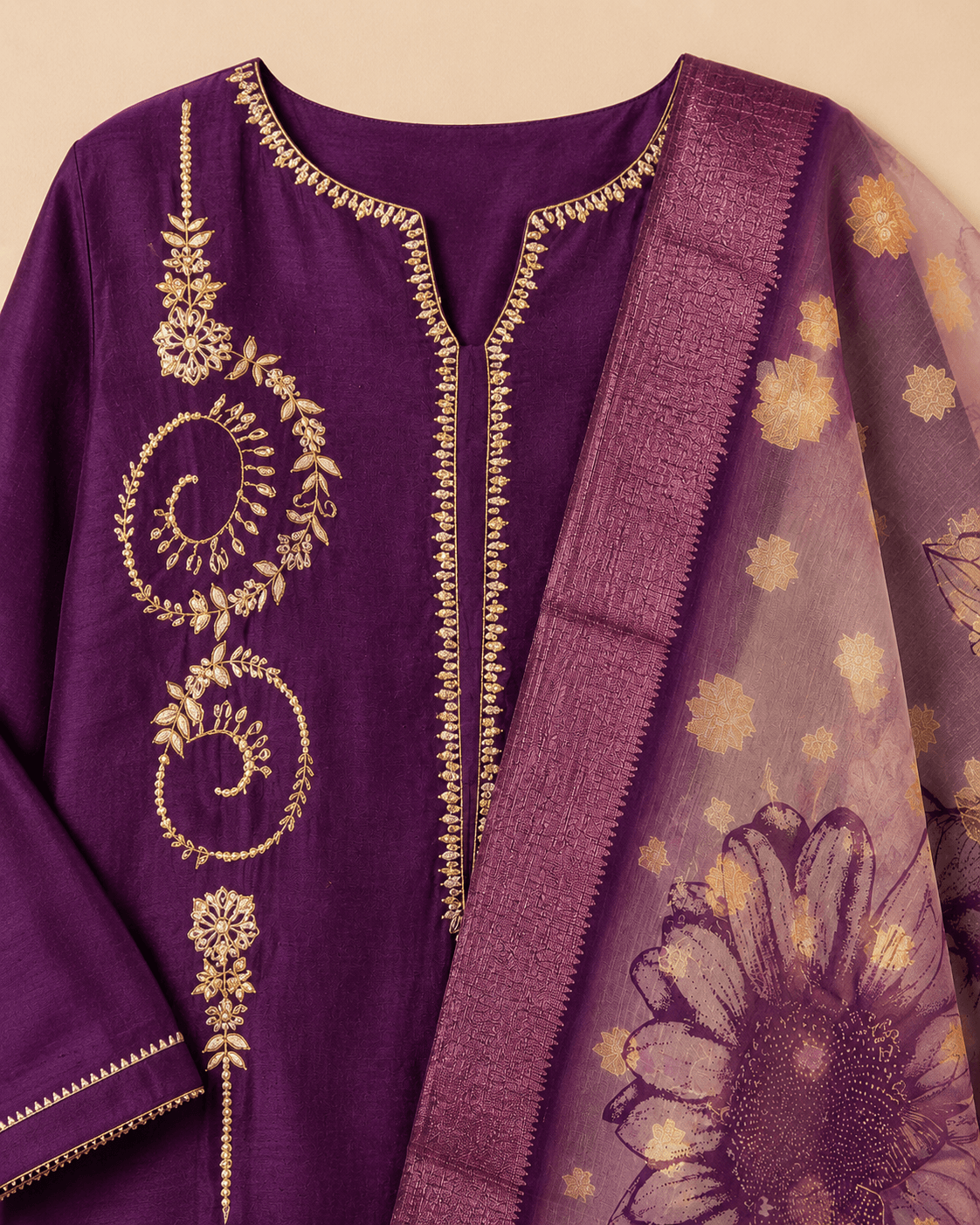 Purple Floral Dupatta Kurti Set
