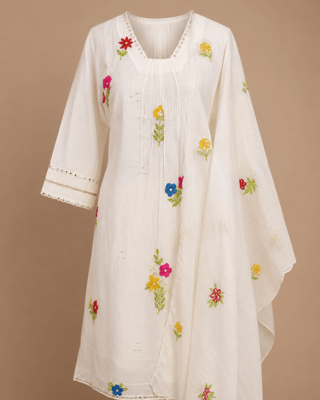 White Multicolour Floral Kurti Set