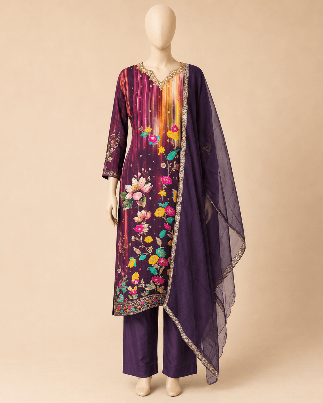 Deep Purple Multicolour Floral Kurti Set