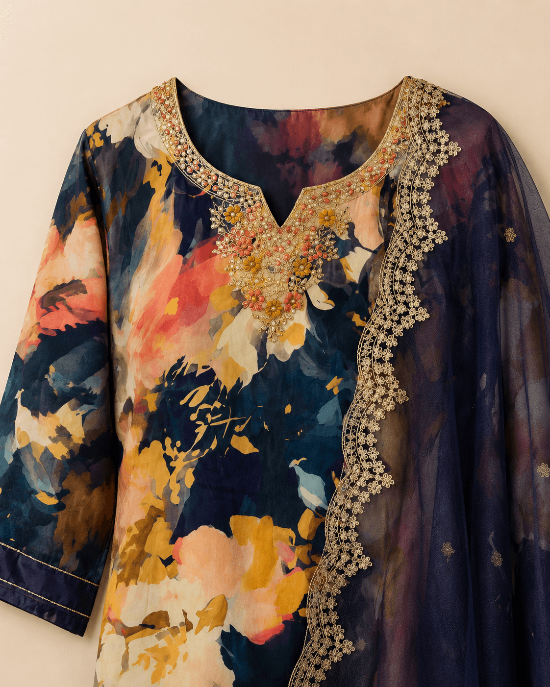 Navy Floral Kurti Set