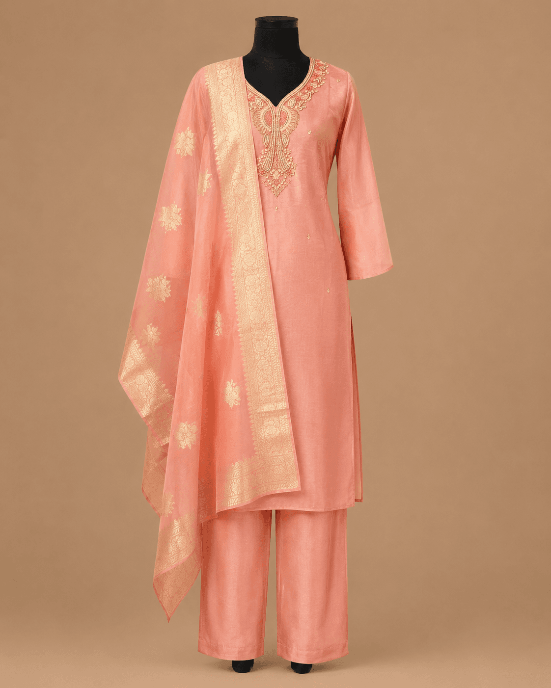 Peach Pink Embroidered Kurti Set