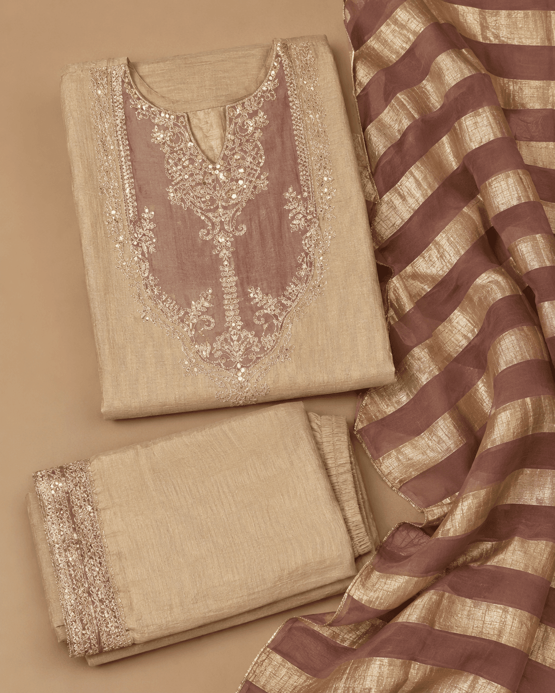 Beige Mauve Dupatta Kurti Set