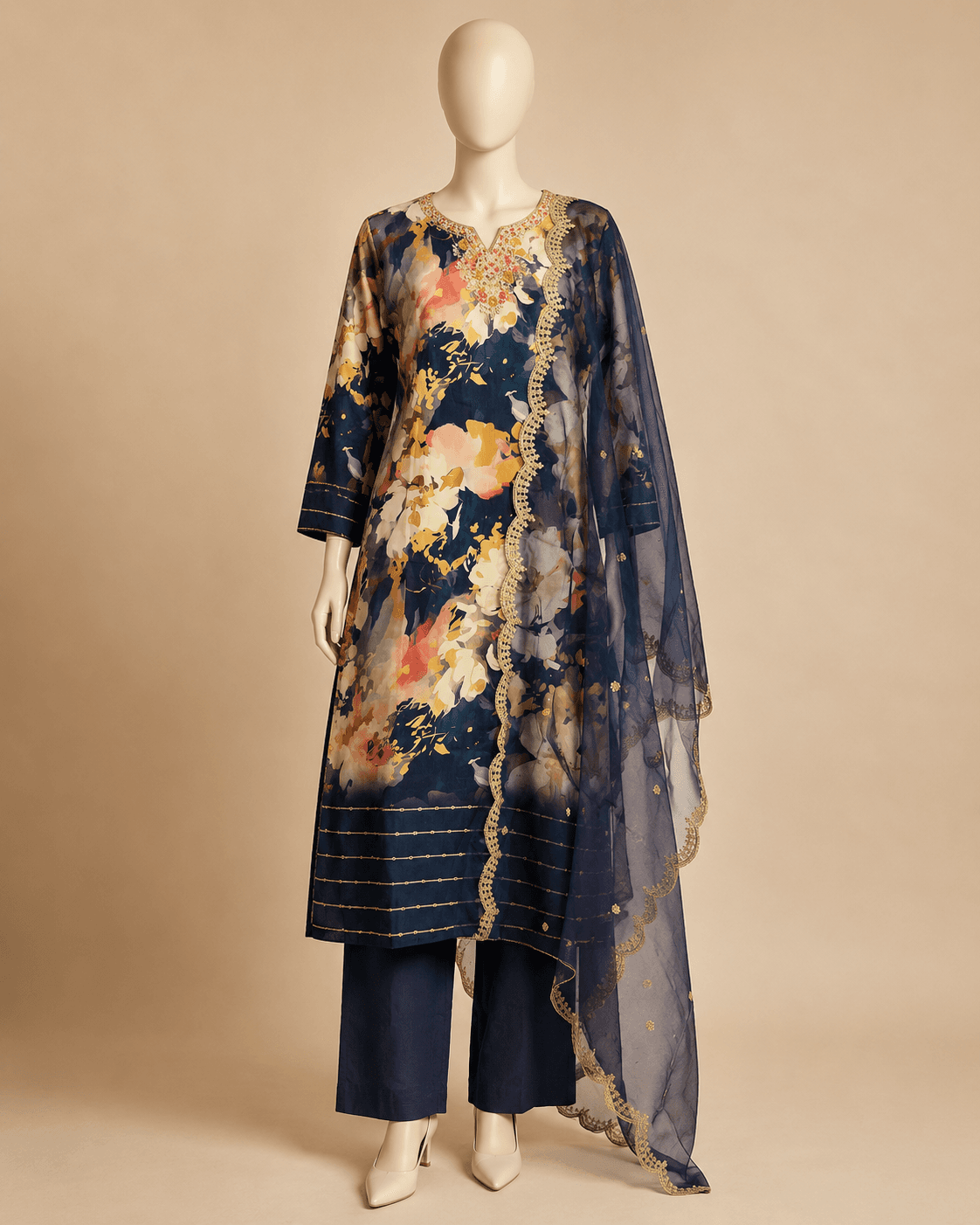 Navy Floral Kurti Set