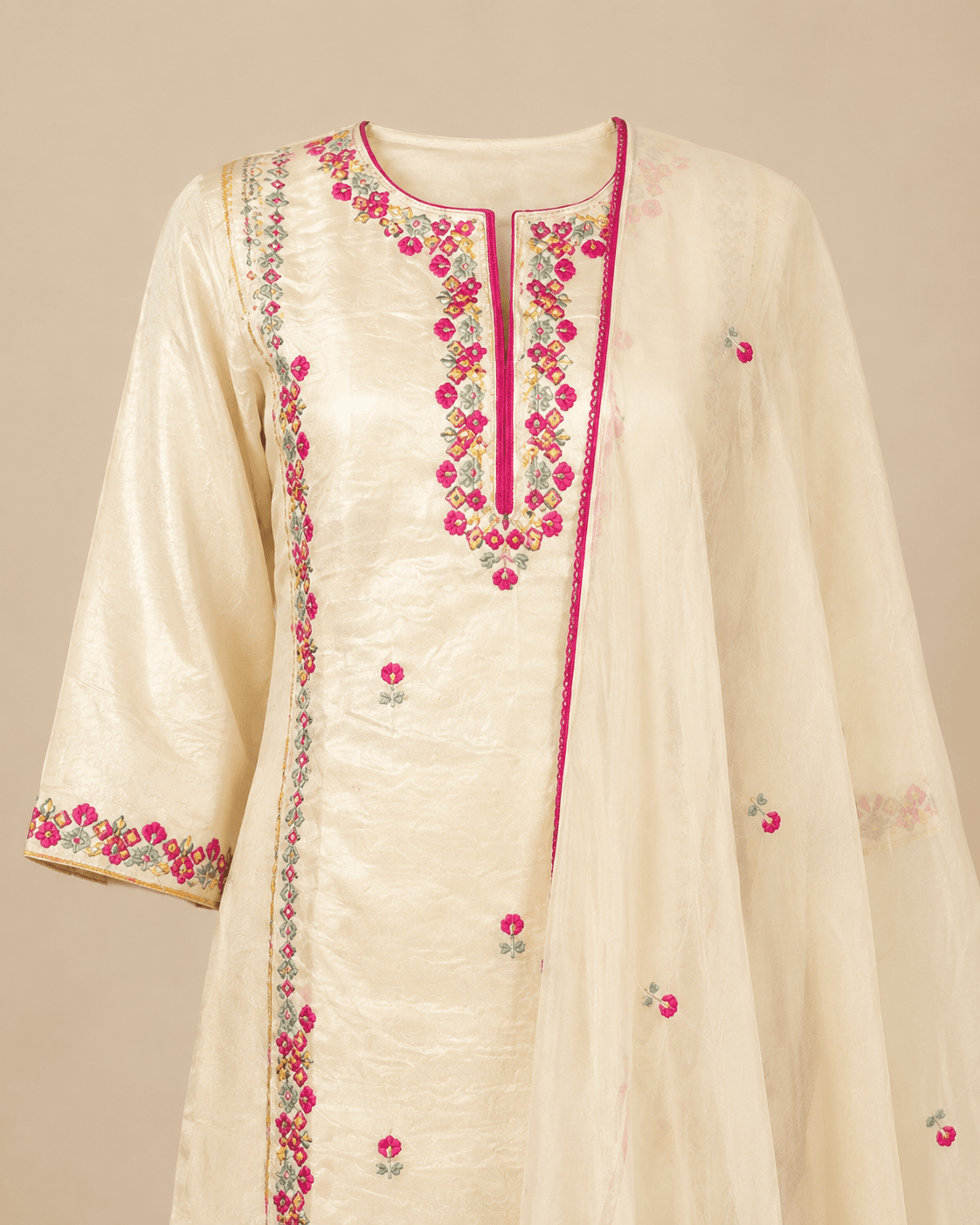 Ivory Pink Embroidered Kurti Set