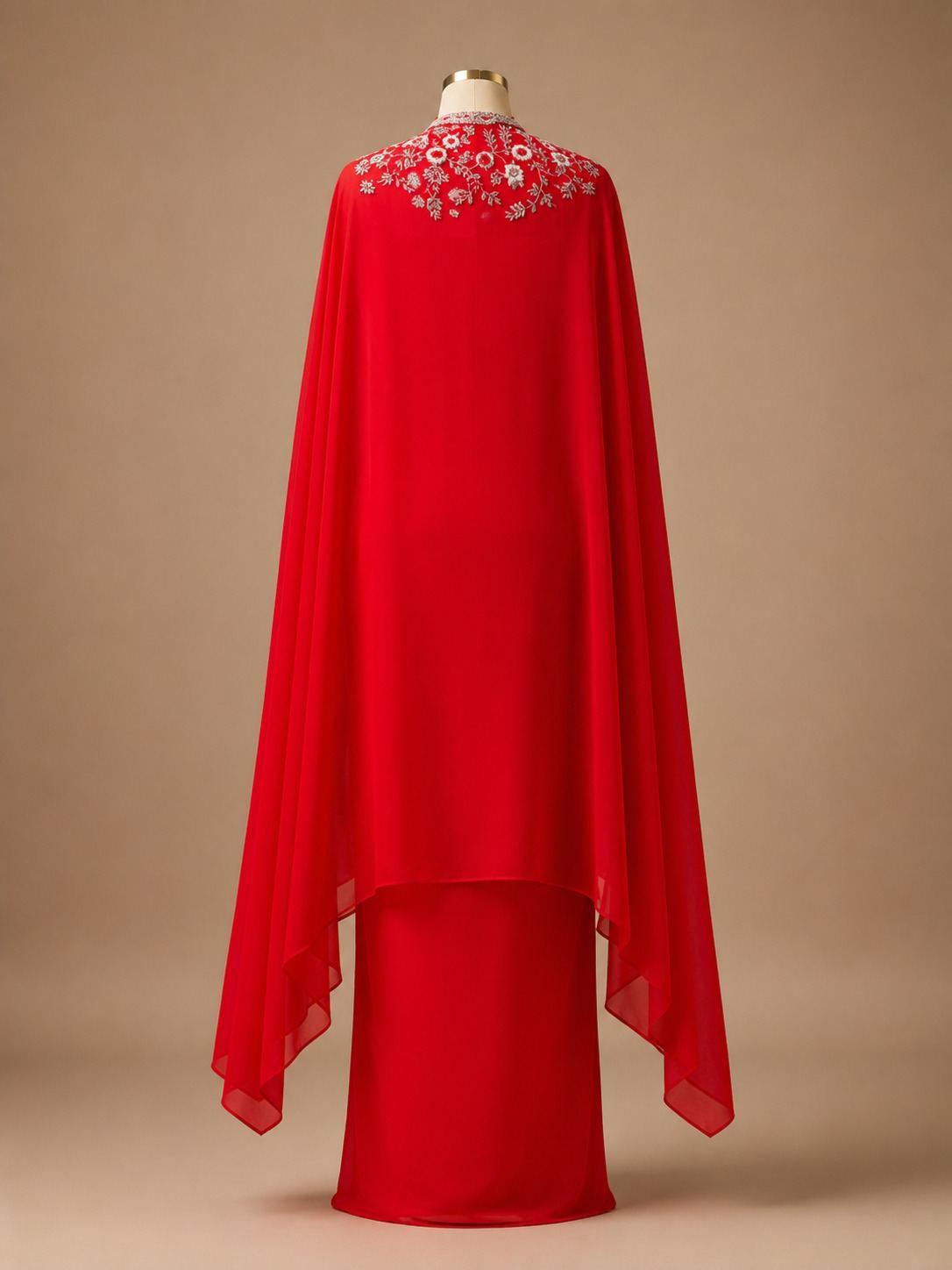 Red Embroidered Indo-Western Set with Cape