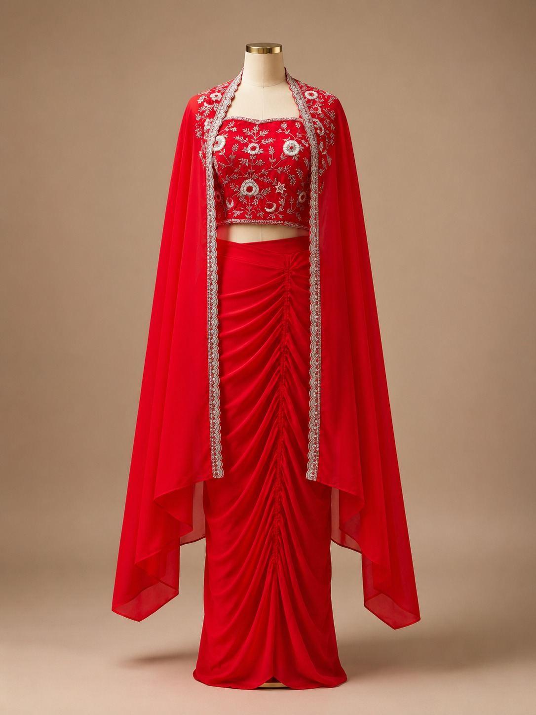 Red Embroidered Indo-Western Set with Cape