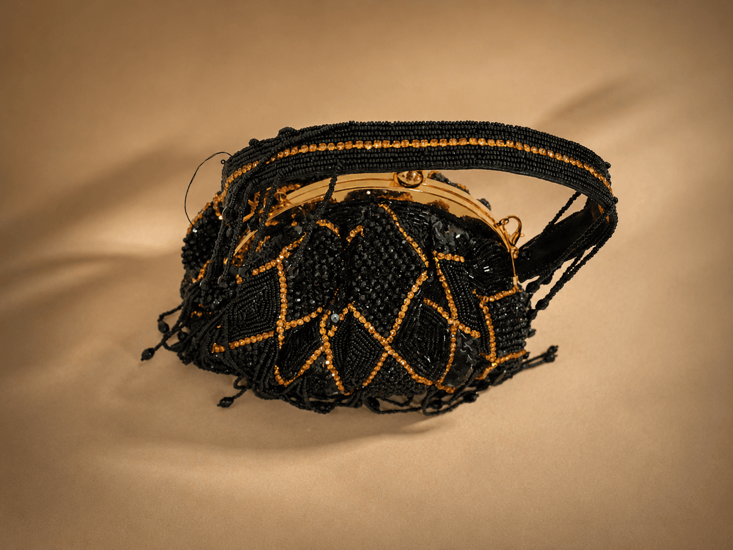 Black Gold Beaded Fringe Frame Handbag