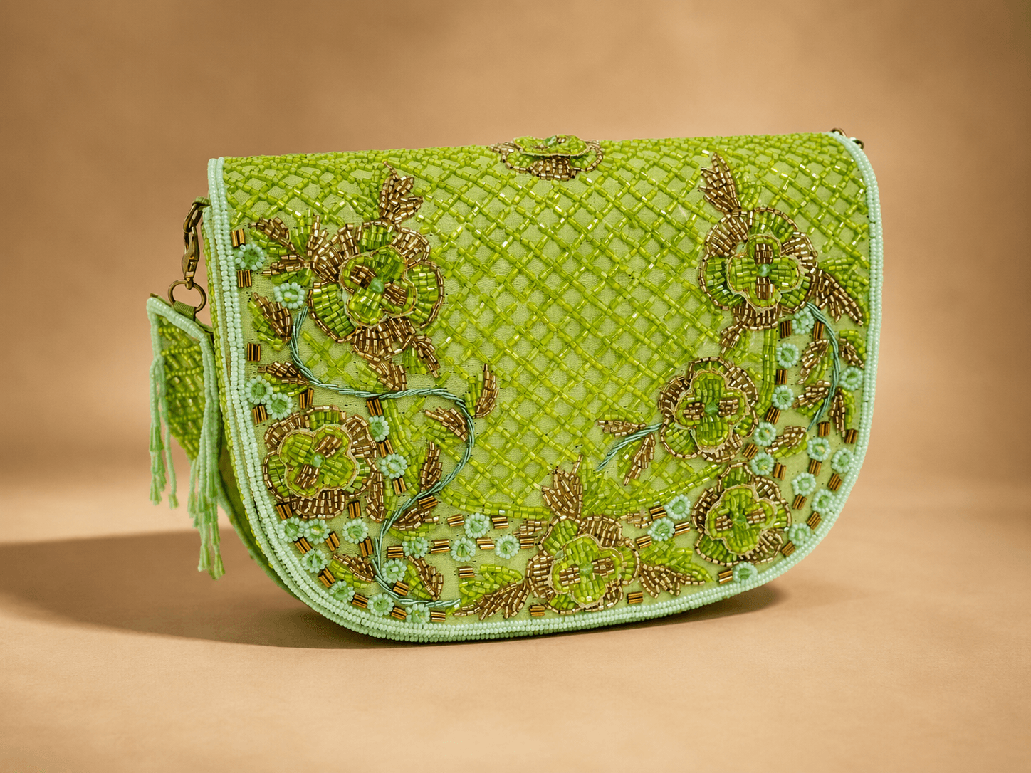 Lime Green Floral Beaded Shoulder Bag