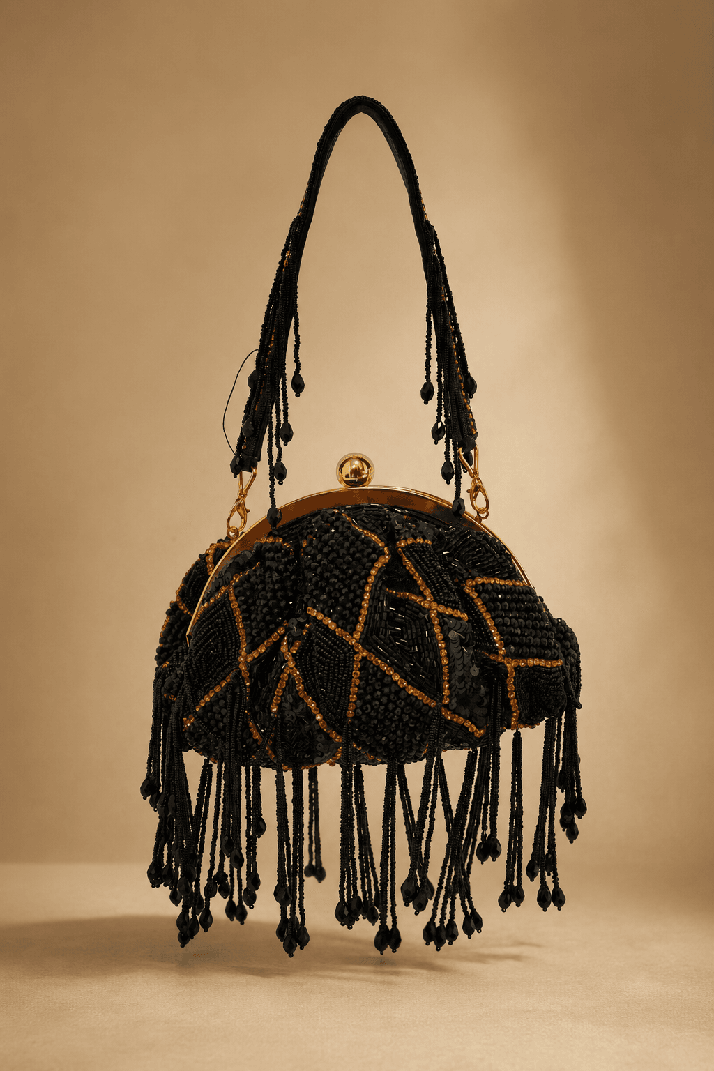 Black Gold Beaded Fringe Frame Handbag
