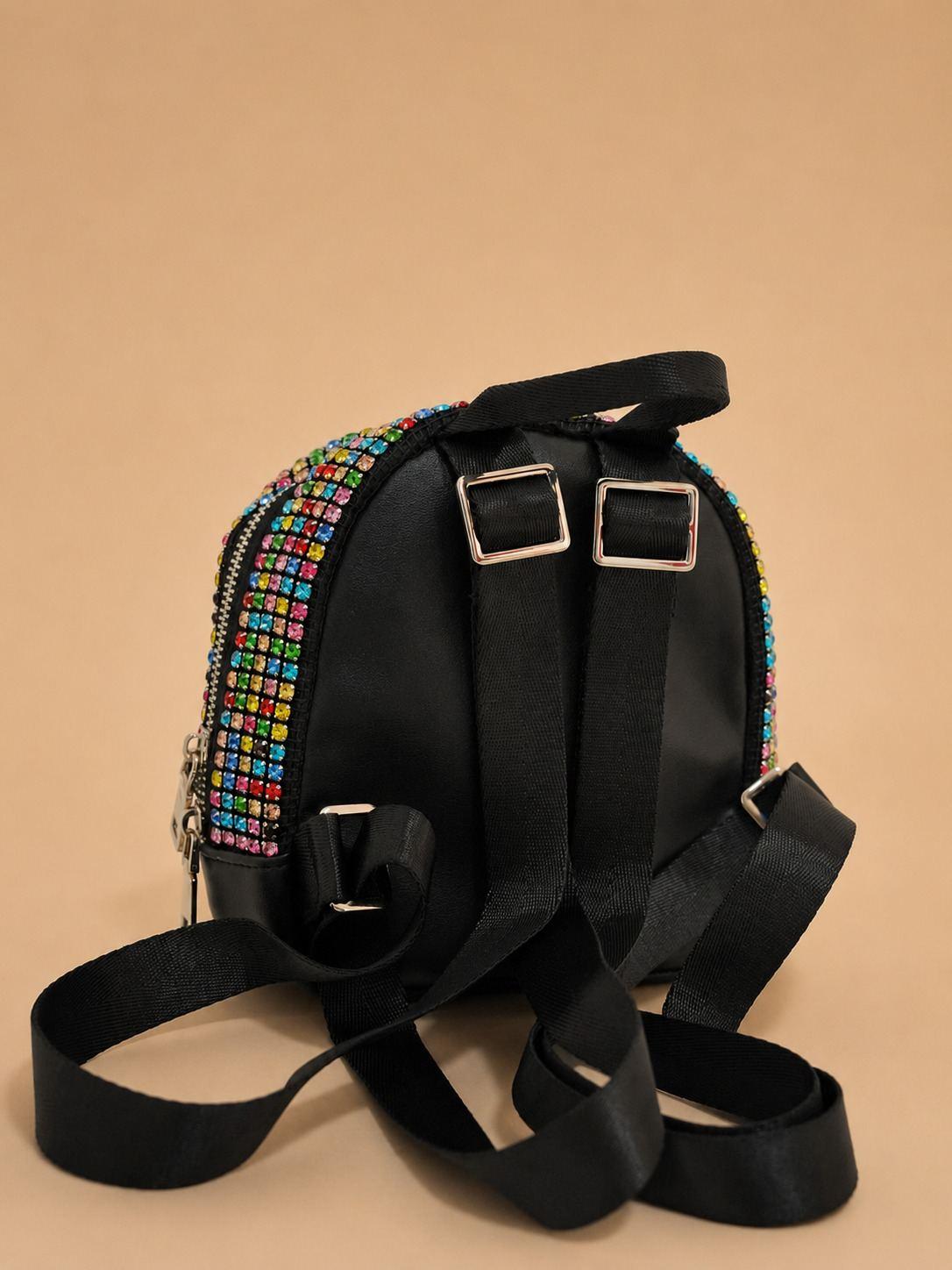 Black Multicolour Rhinestone Mini Backpack