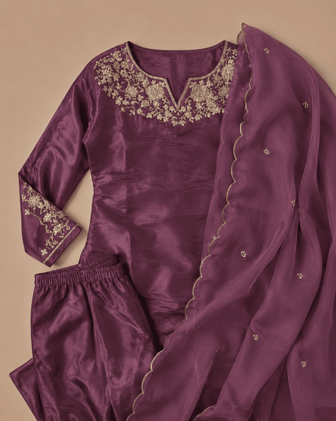 Mauve Purple Embroidered Kurta Palazzo Set
