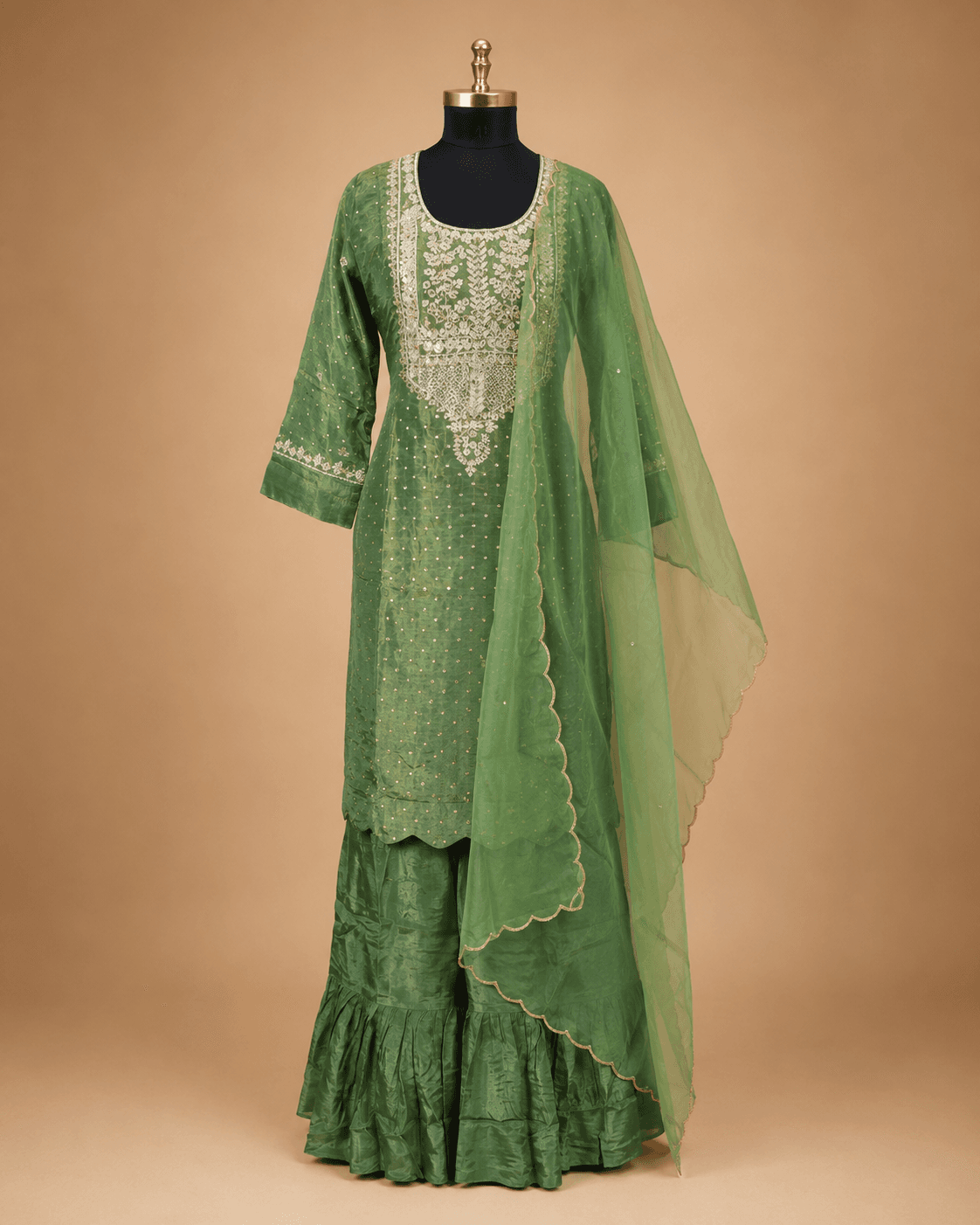 Olive Green Silver Embroidered Kurti Sharara Set