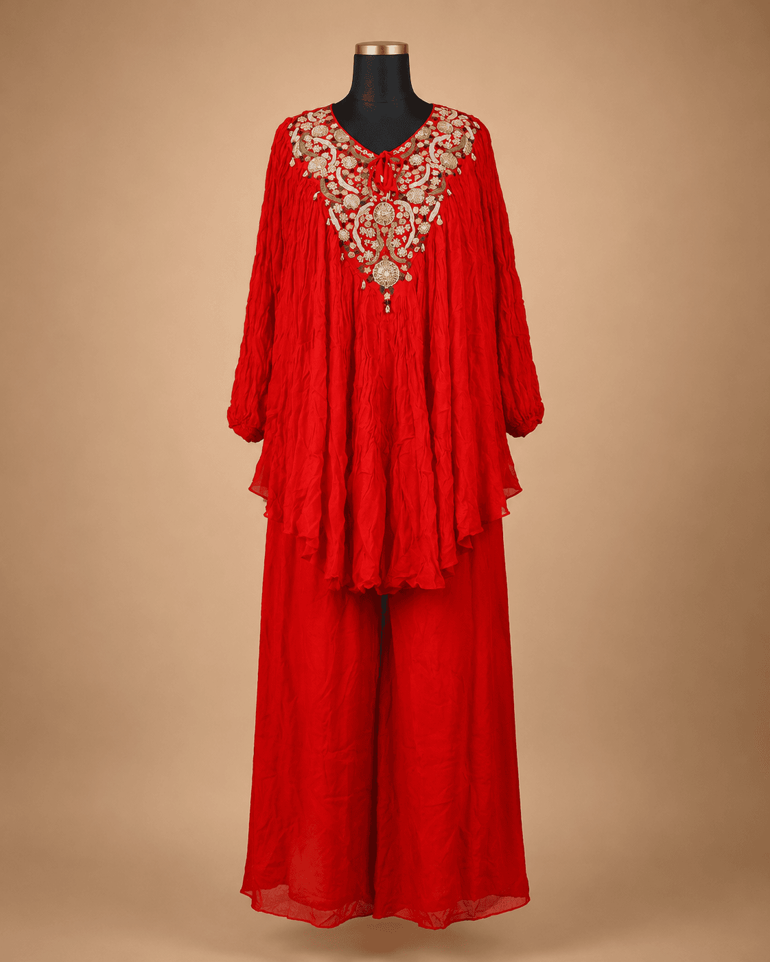 Red Statement Embellished Kaftan Palazzo Set