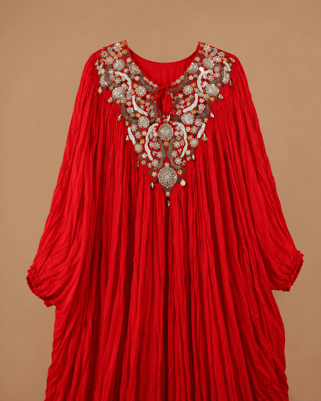 Red Statement Embellished Kaftan Palazzo Set