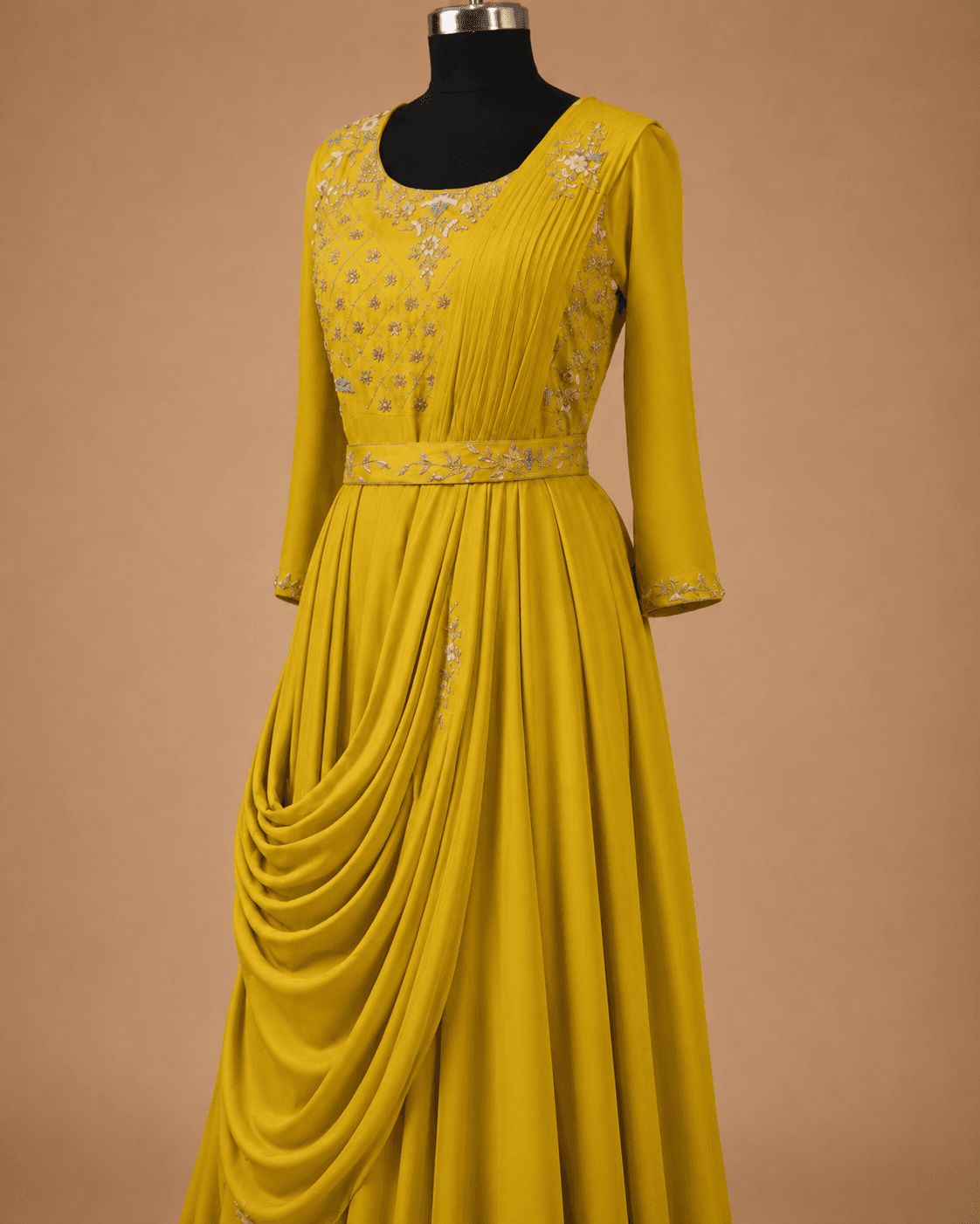 Mustard Yellow Embroidered Draped Anarkali Gown