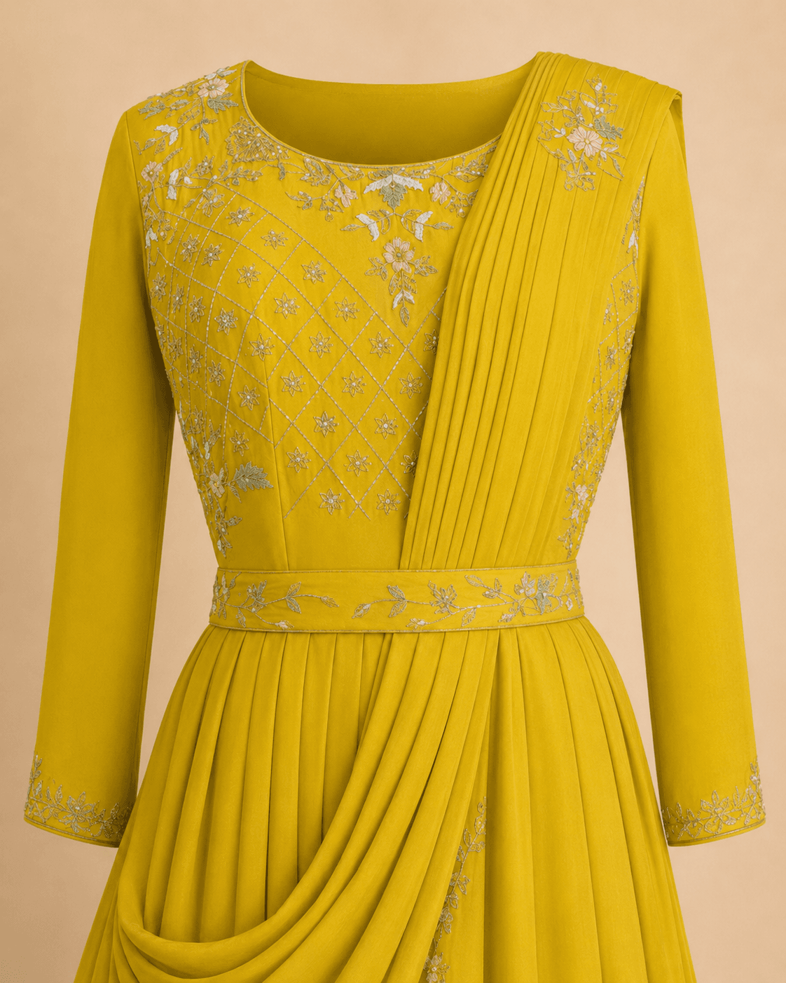 Mustard Yellow Embroidered Draped Anarkali Gown