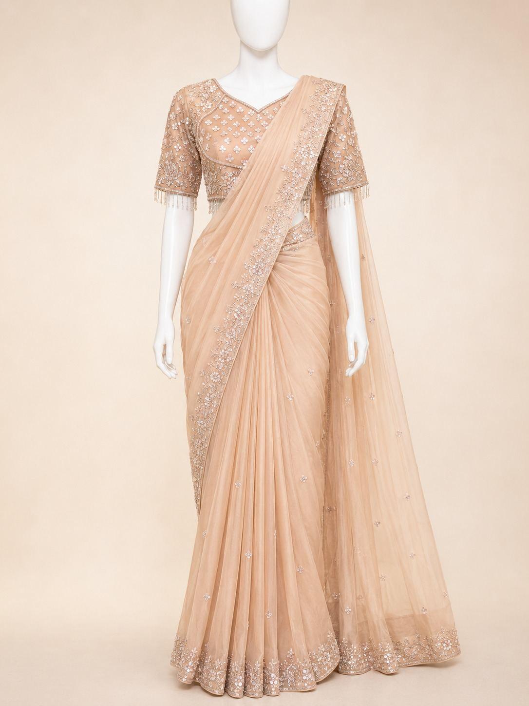 Champagne Beige Embroidered Designer Saree with blouse