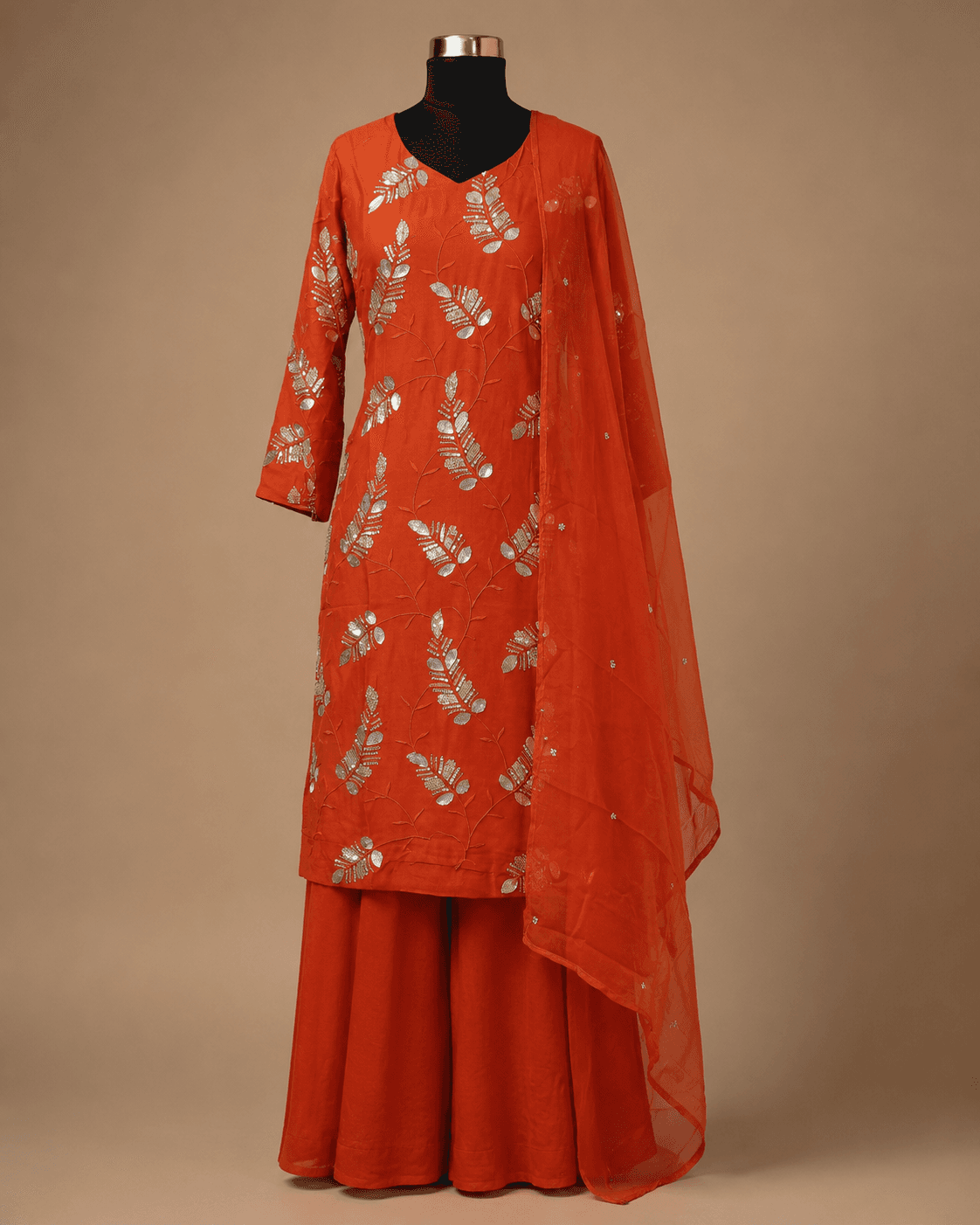 Vermilion Orange Foil Embroidered Palazzo Set