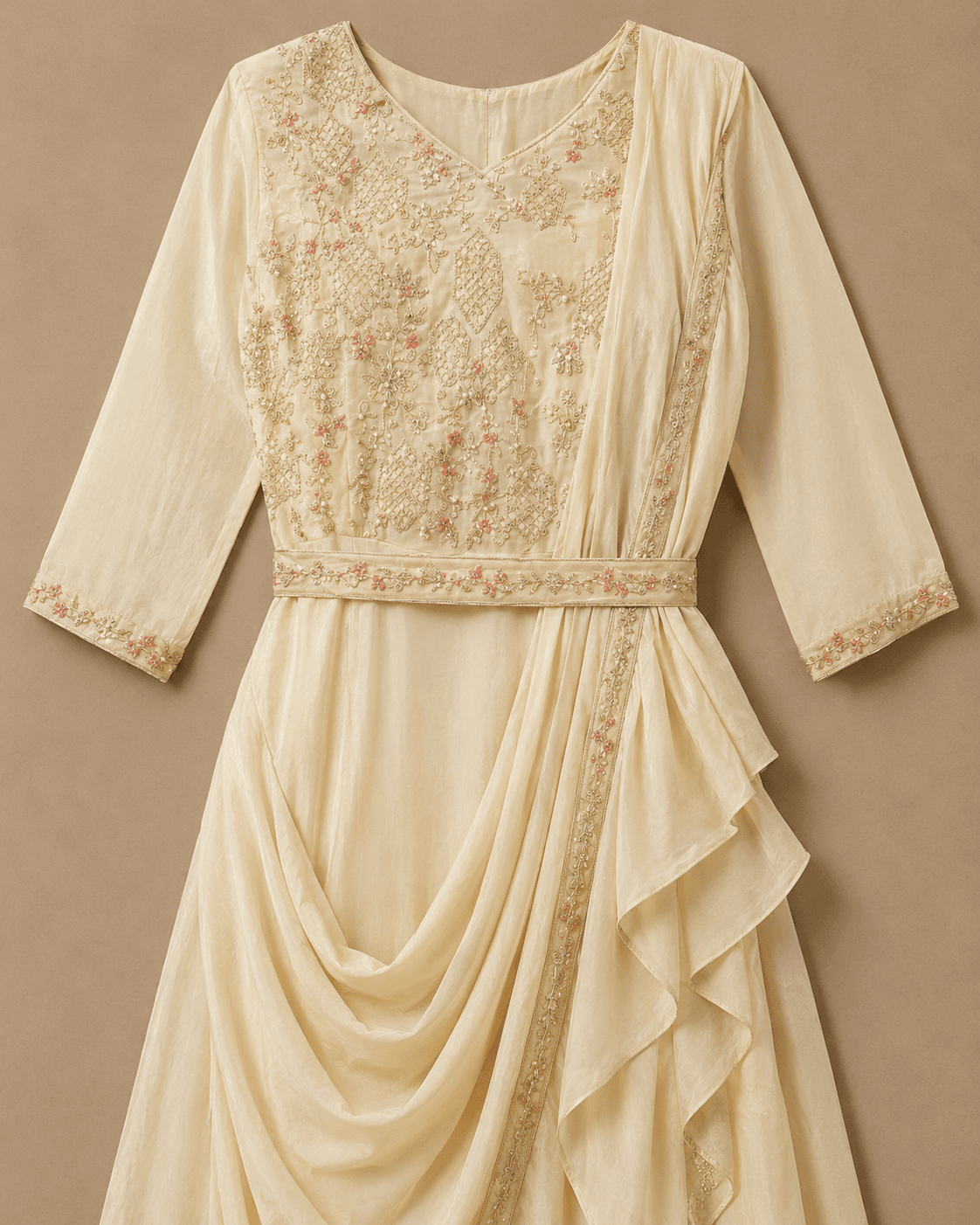 Ivory Floral Embroidered Drape Skirt Set