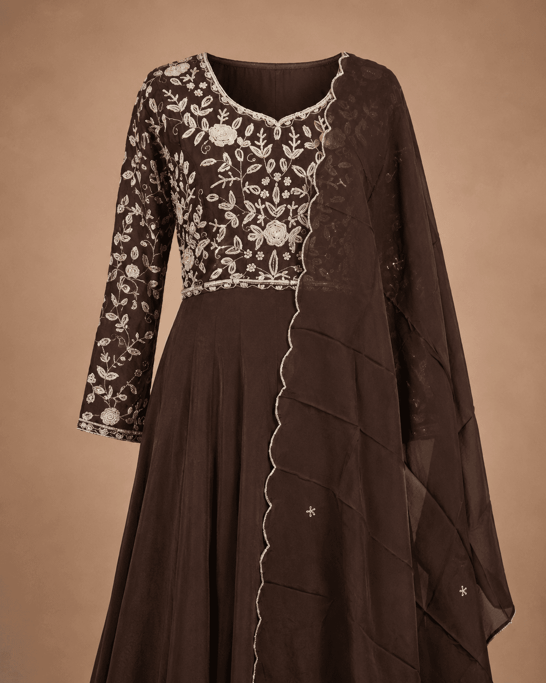 Coffee Brown Floral Embroidered Drape Gown