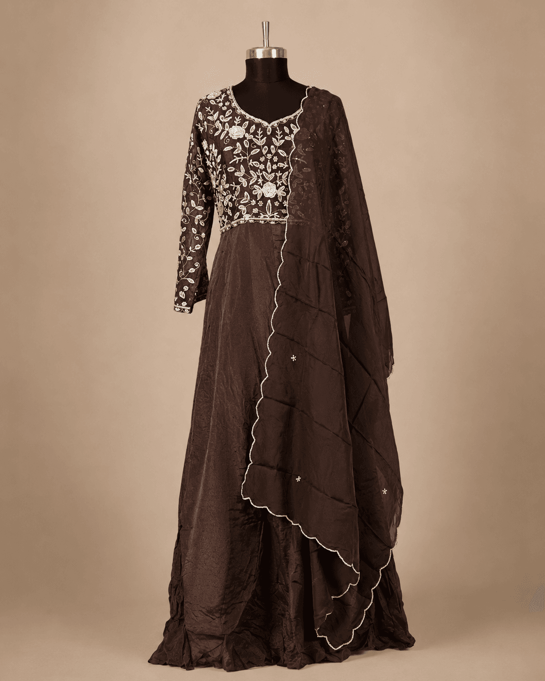 Coffee Brown Floral Embroidered Drape Gown