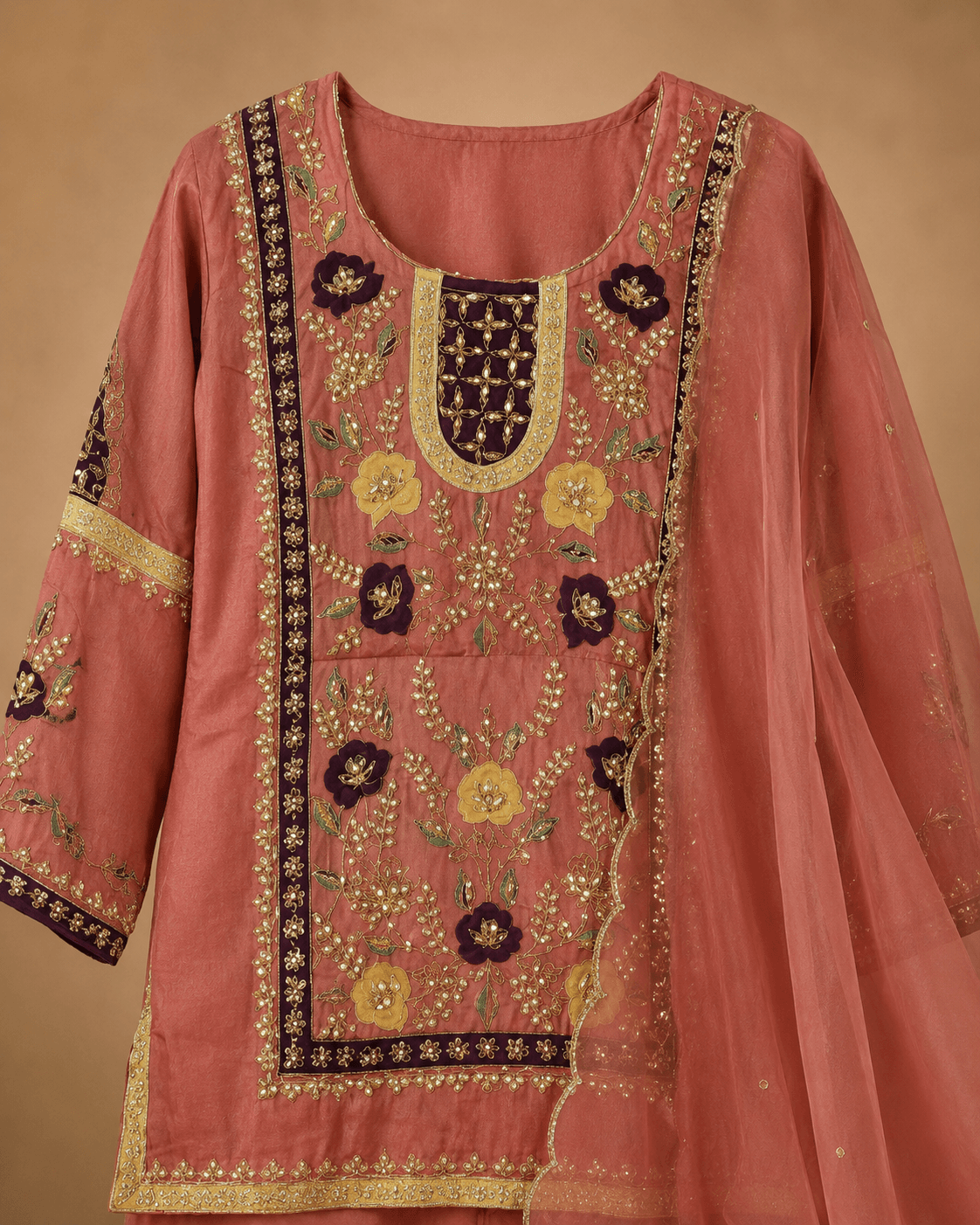 Dusty Rose Mirror and Patchwork Lehenga Set