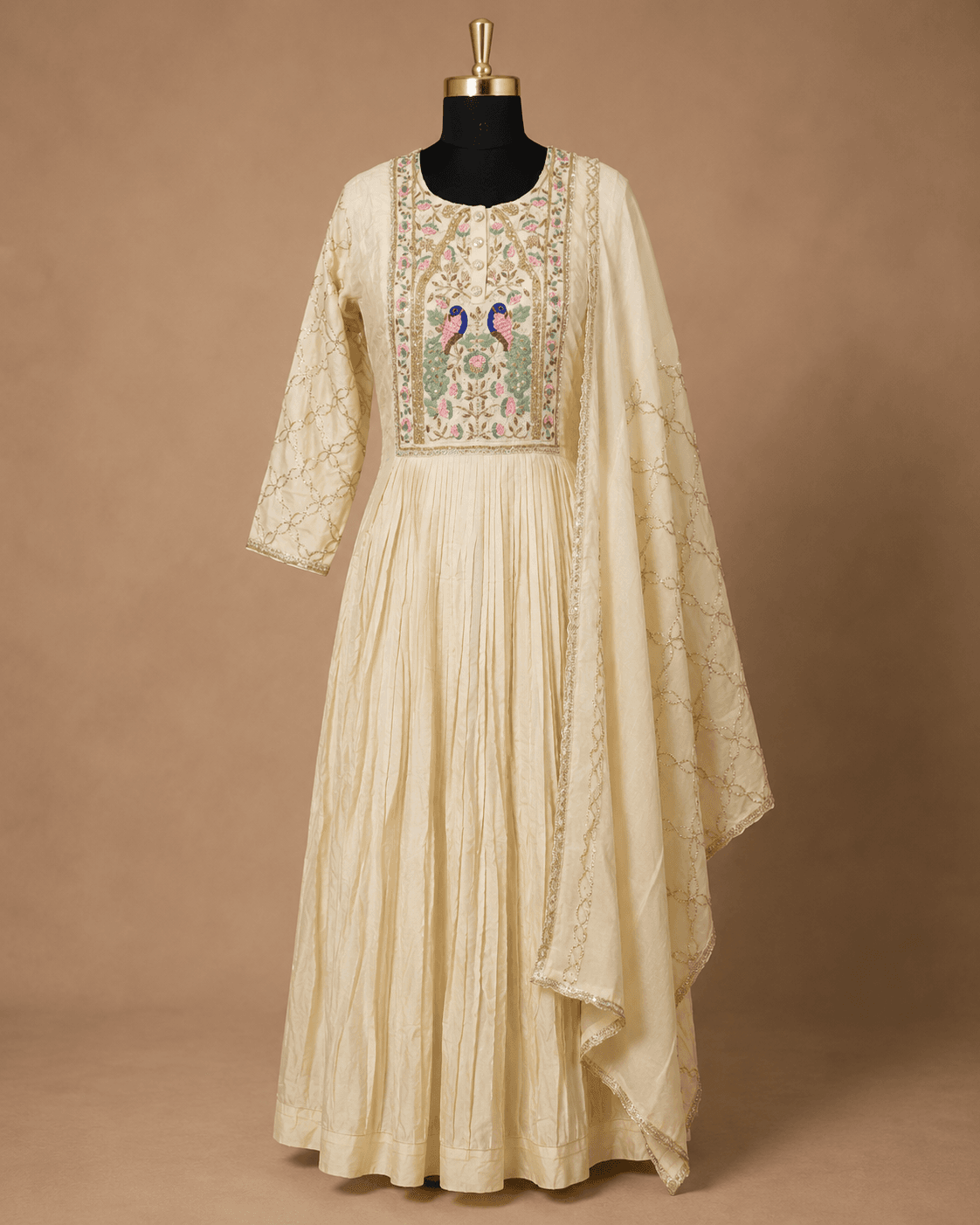 Ivory Peacock Embroidered Anarkali Gown Set