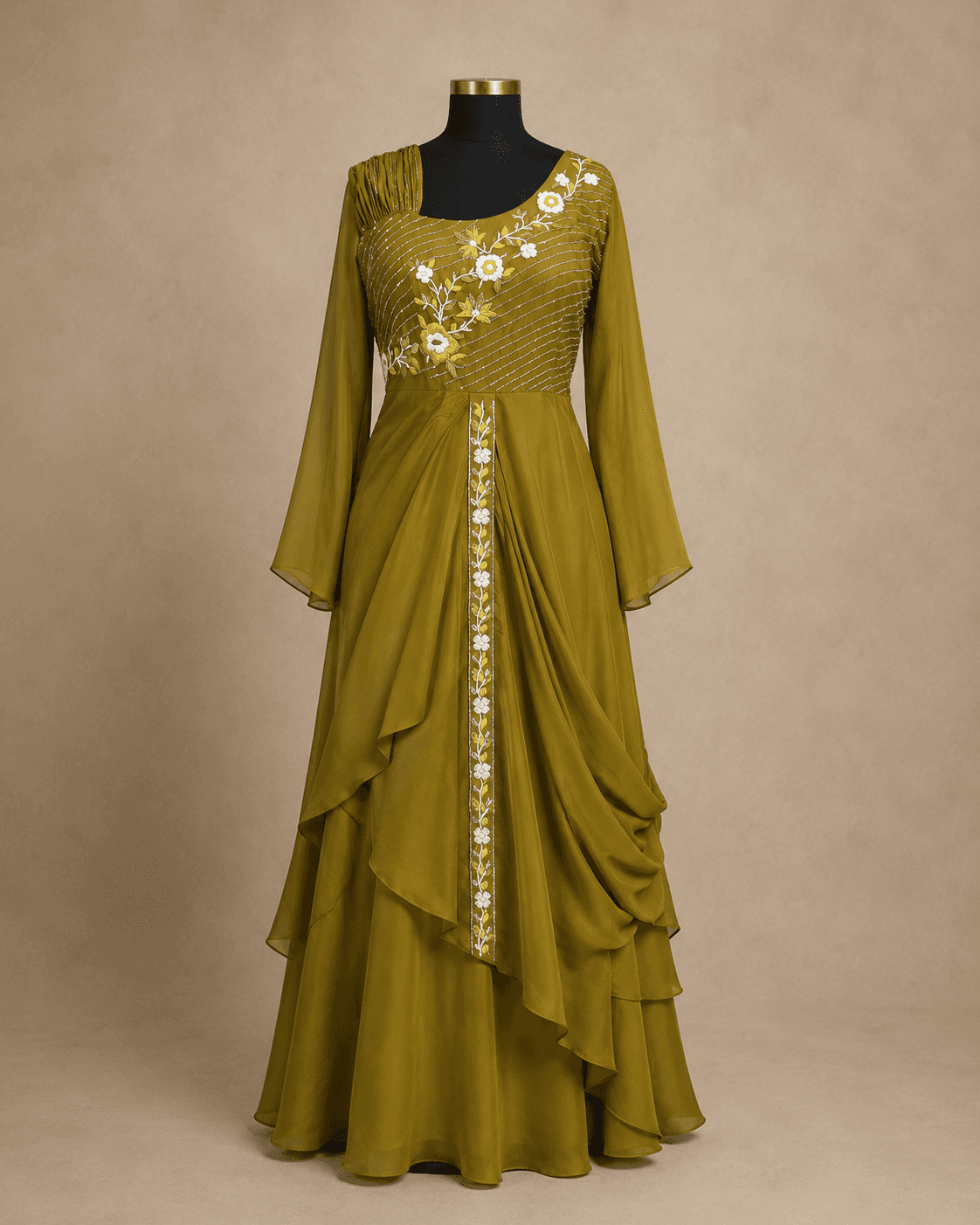 Olive Green Floral Embroidered Asymmetric Drape Gown