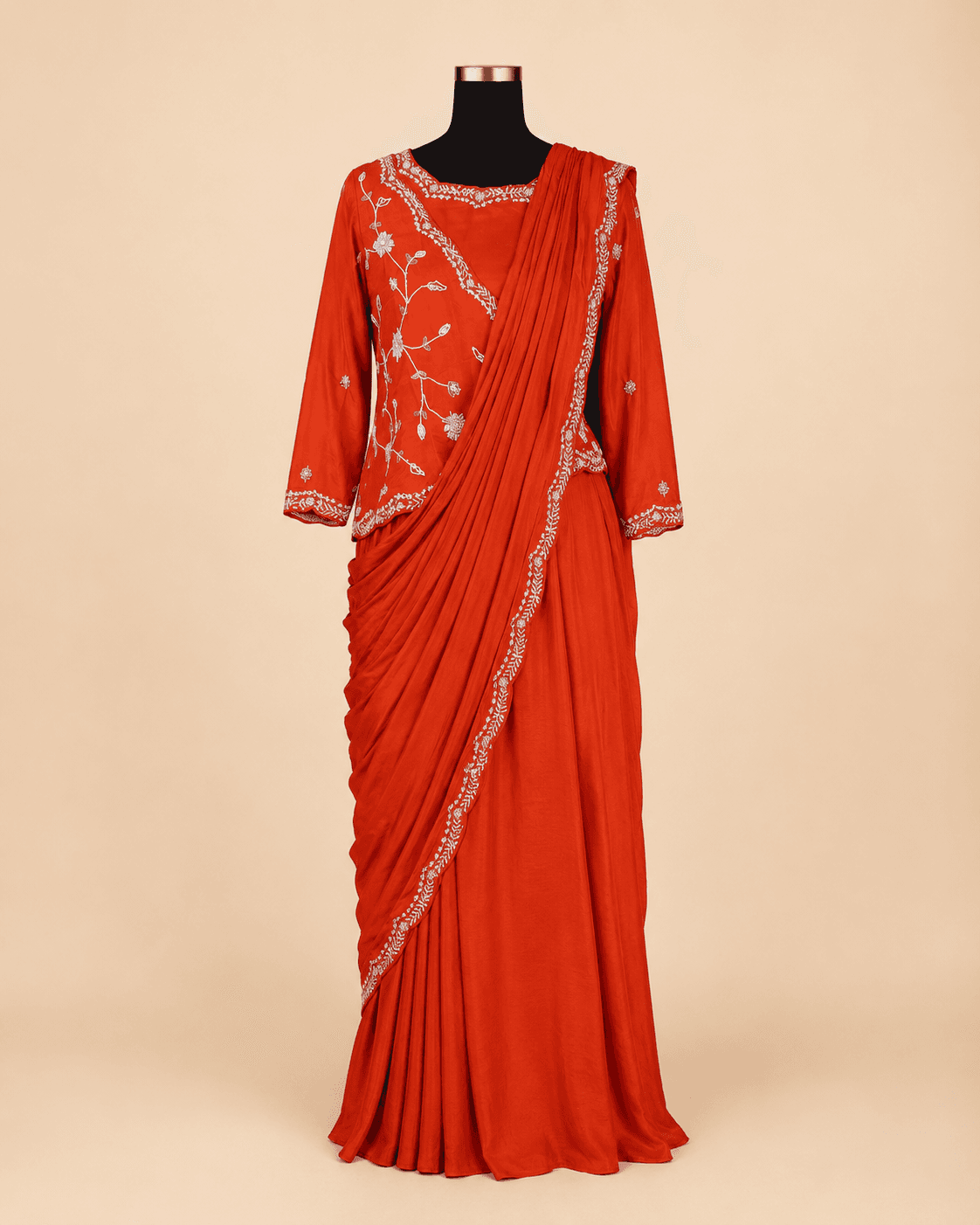 Vermilion Red Floral Embroidered Pre-Draped Saree Set