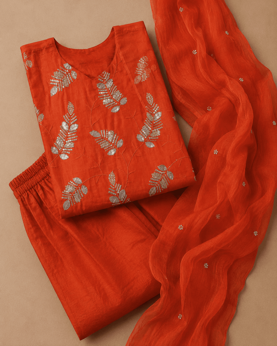 Vermilion Orange Foil Embroidered Palazzo Set