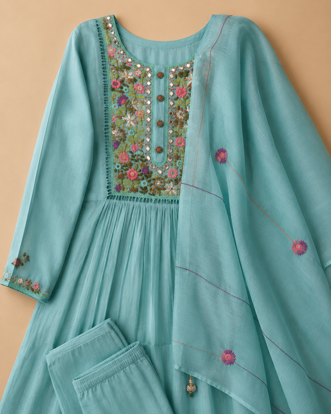 Aqua Blue Floral Embroidered High-Low Palazzo Set