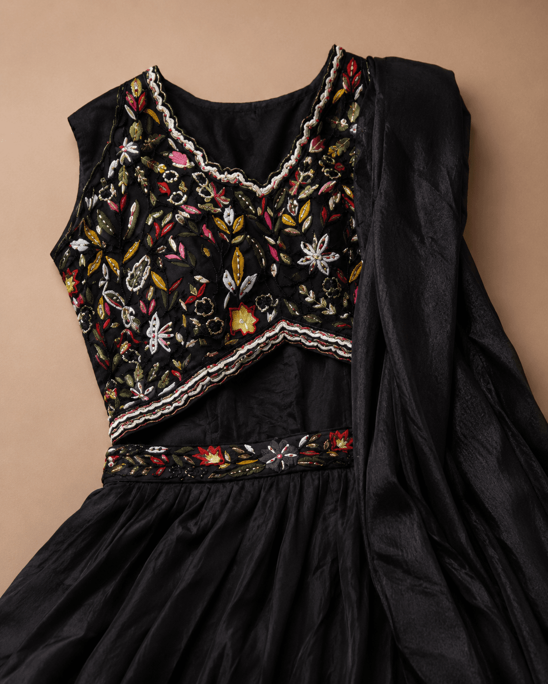 Black Multicolour Floral Embroidered Pre-Draped Saree Set