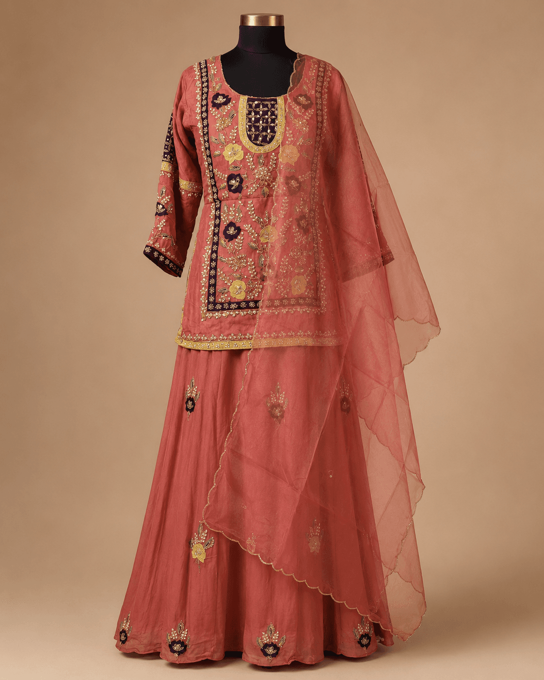 Dusty Rose Mirror and Patchwork Lehenga Set