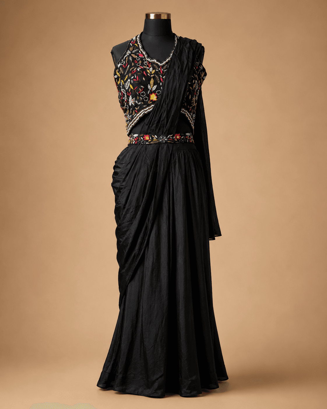 Black Multicolour Floral Embroidered Pre-Draped Saree Set