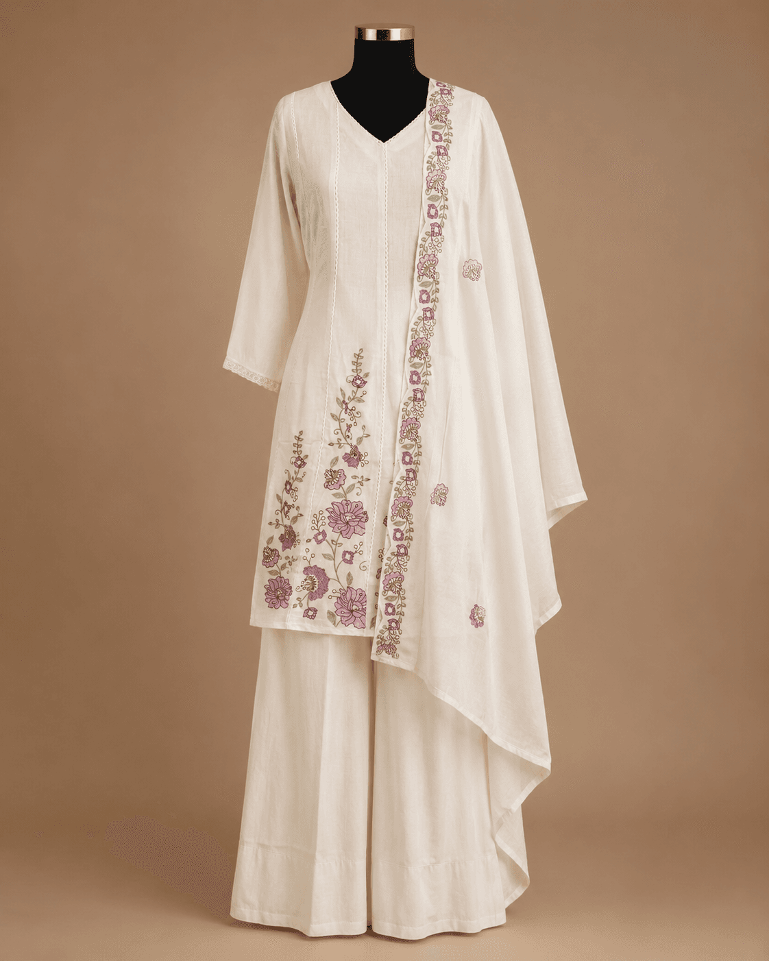 Ivory Floral Embroidered Asymmetric Kurta Palazzo Set