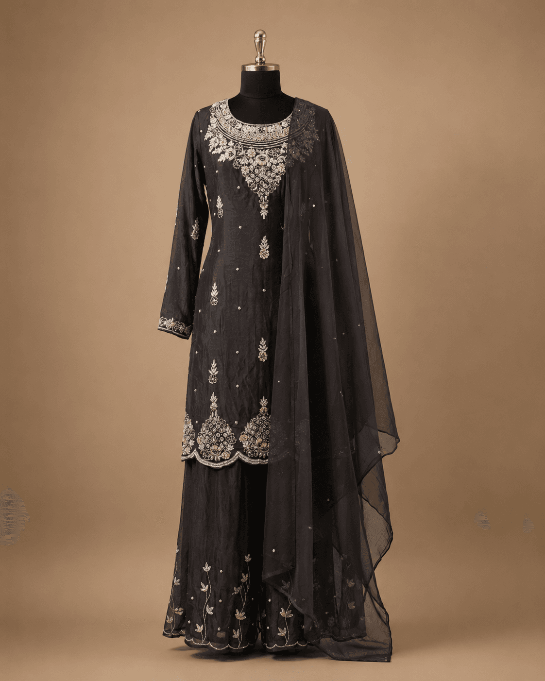 Charcoal Grey Floral Embroidered Kurta Sharara Set