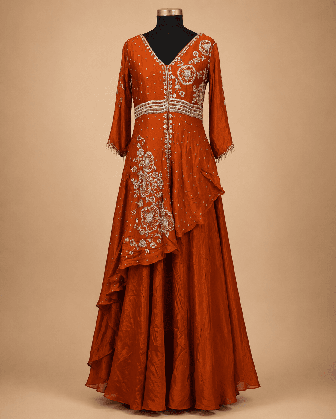 Rust Orange Draped Embroidered Anarkali Gown