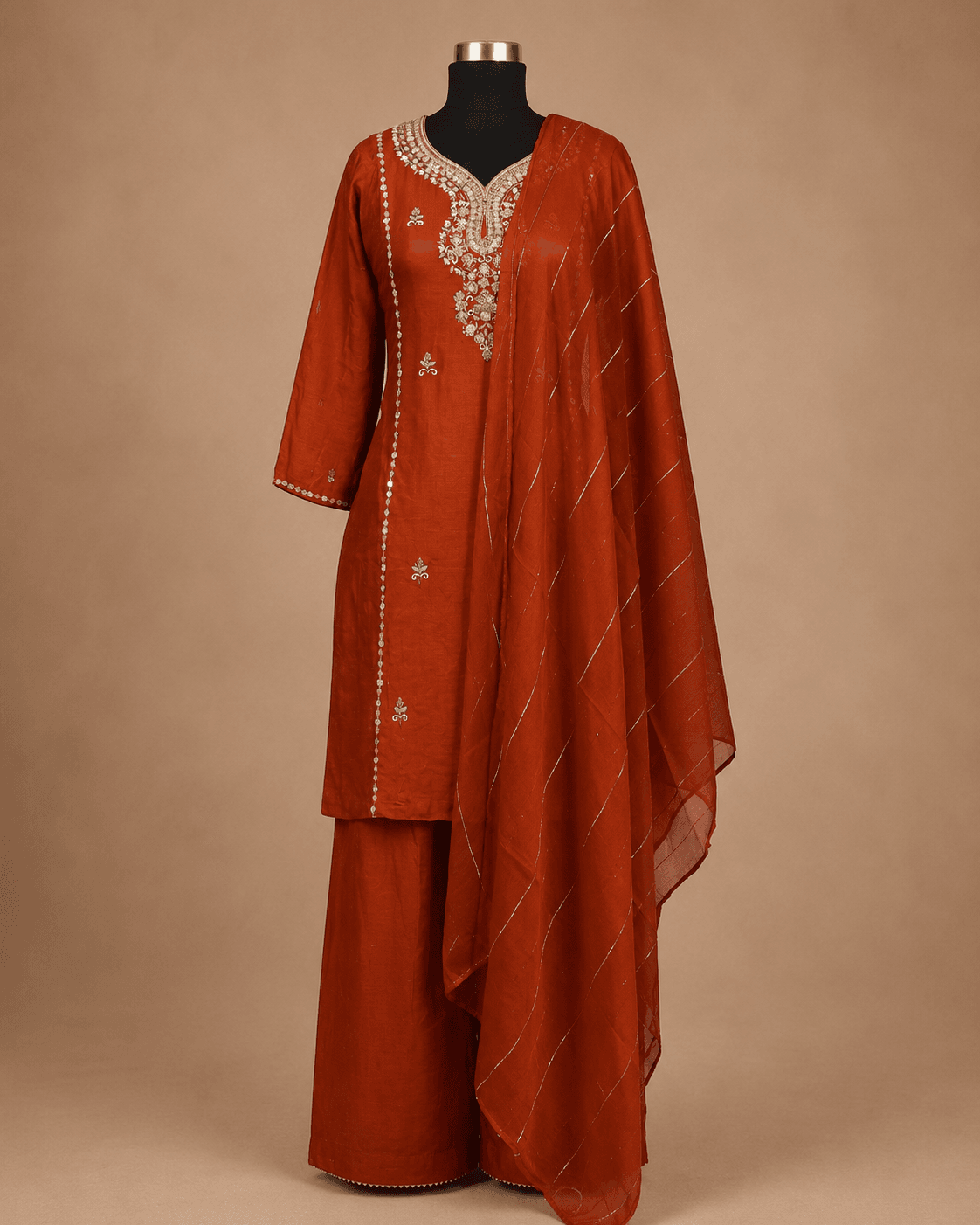 Rust Orange Zari Embroidered Kurta Palazzo Set