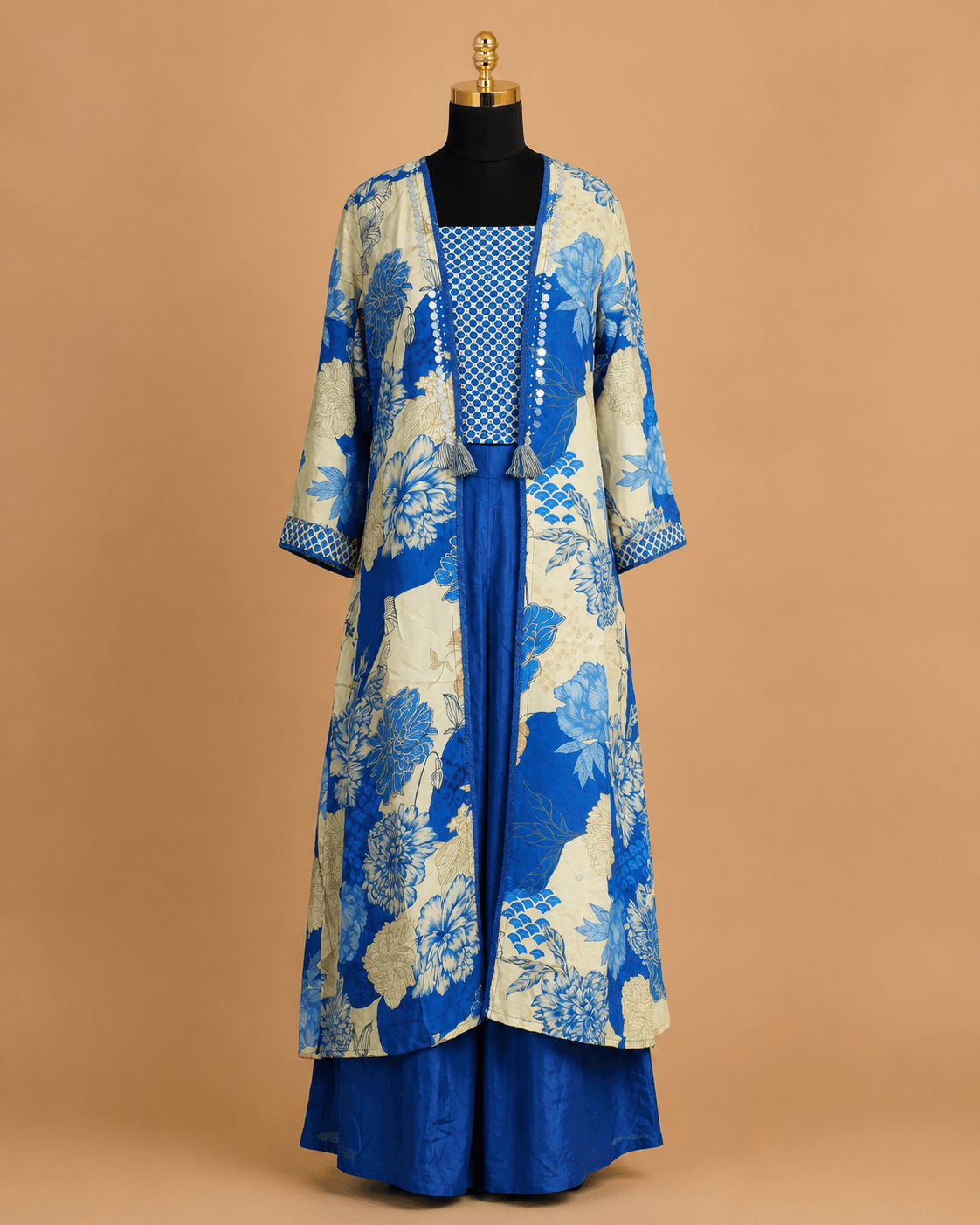 Royal Blue Floral Brocade Long Jacket Draped Skirt Set