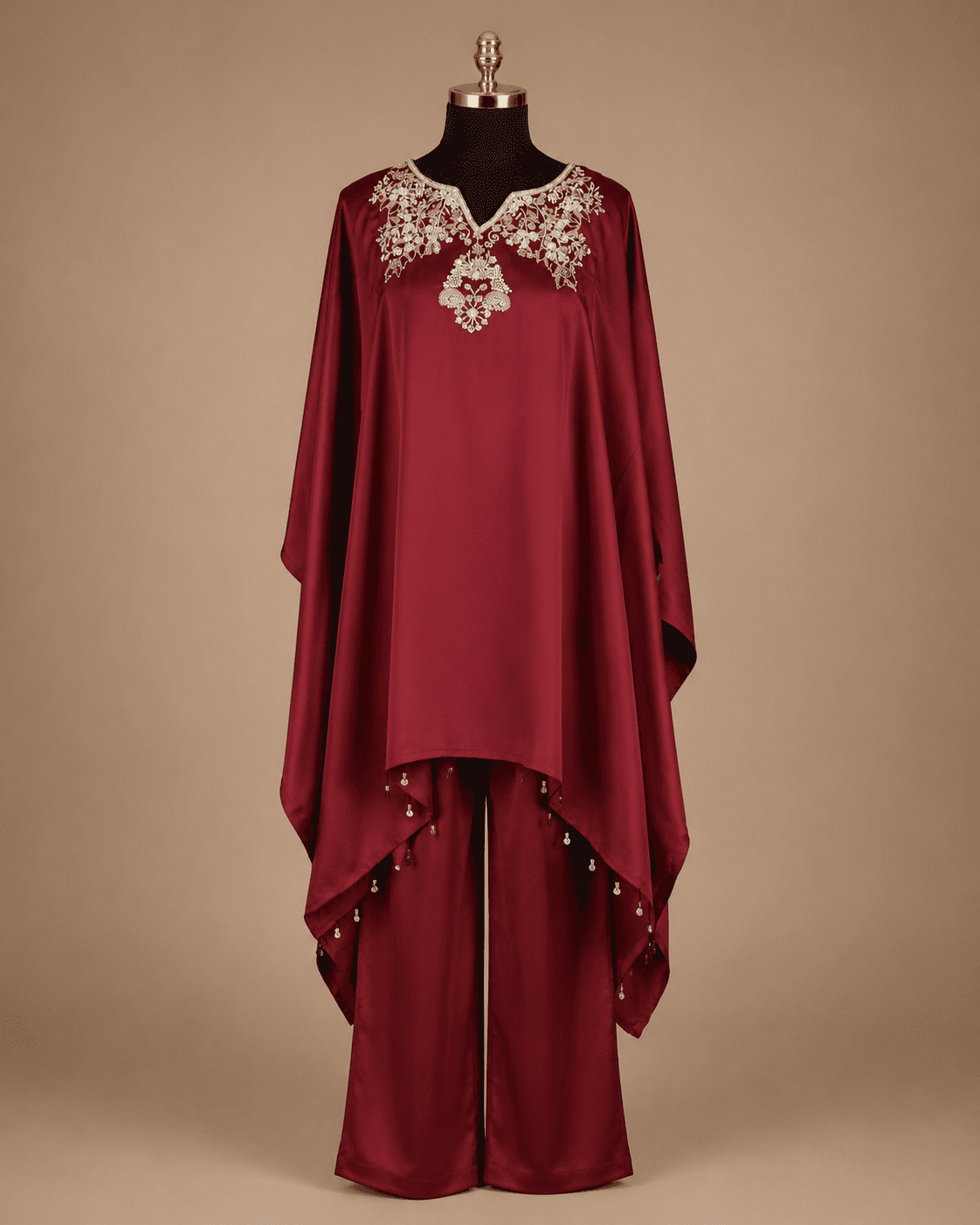 Maroon Floral Embroidered Kaftan Palazzo Set