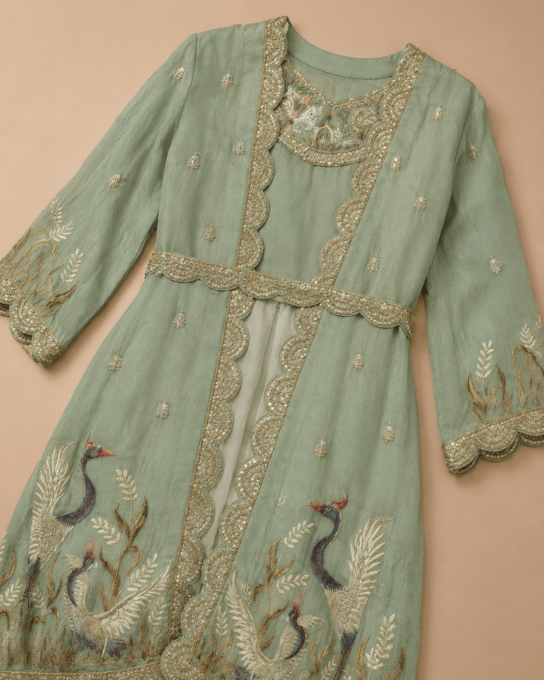Sage Green Peacock Embroidered Jacket Lehenga Set