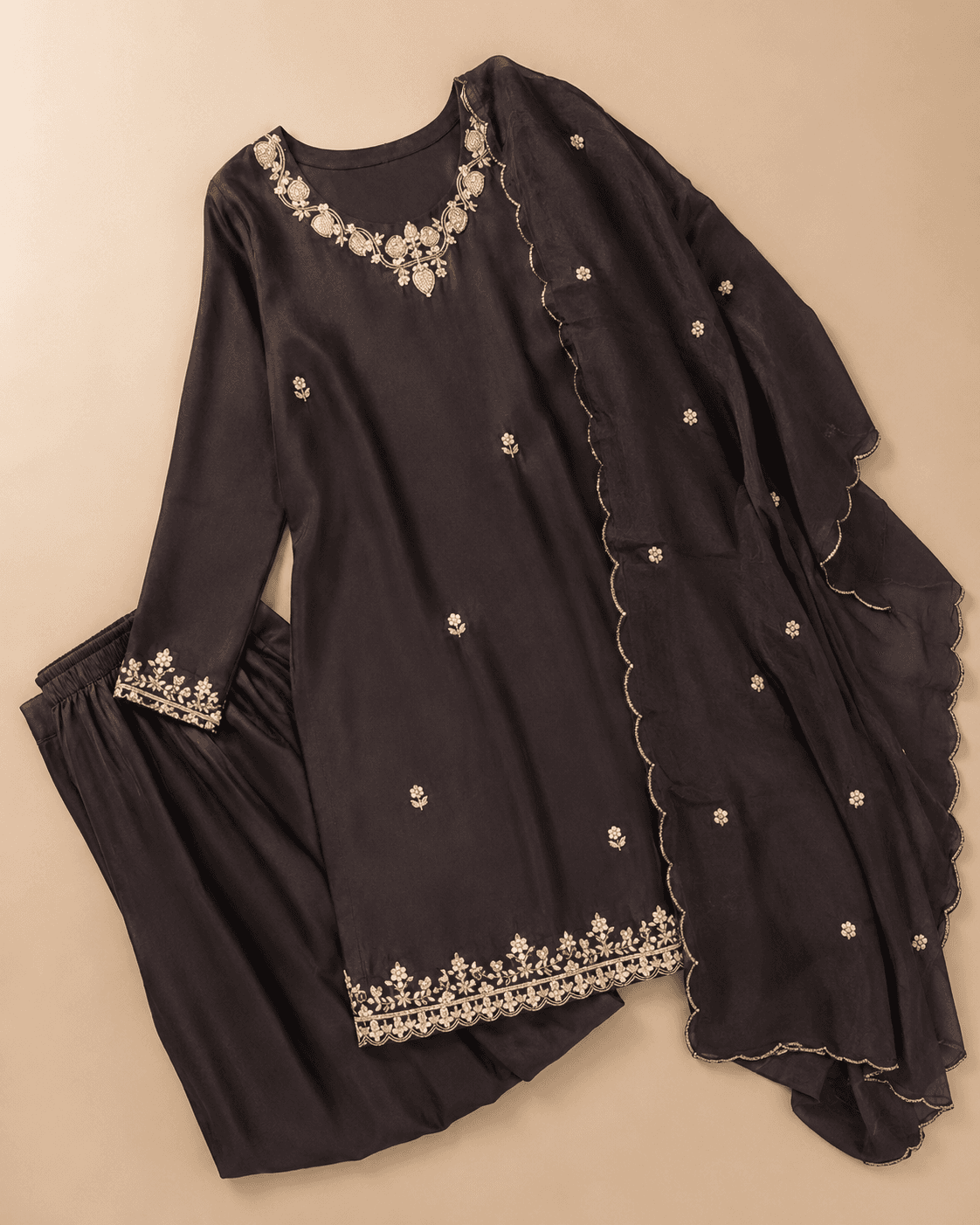 Black Deep brown Embroidered Kurta Palazzo Set