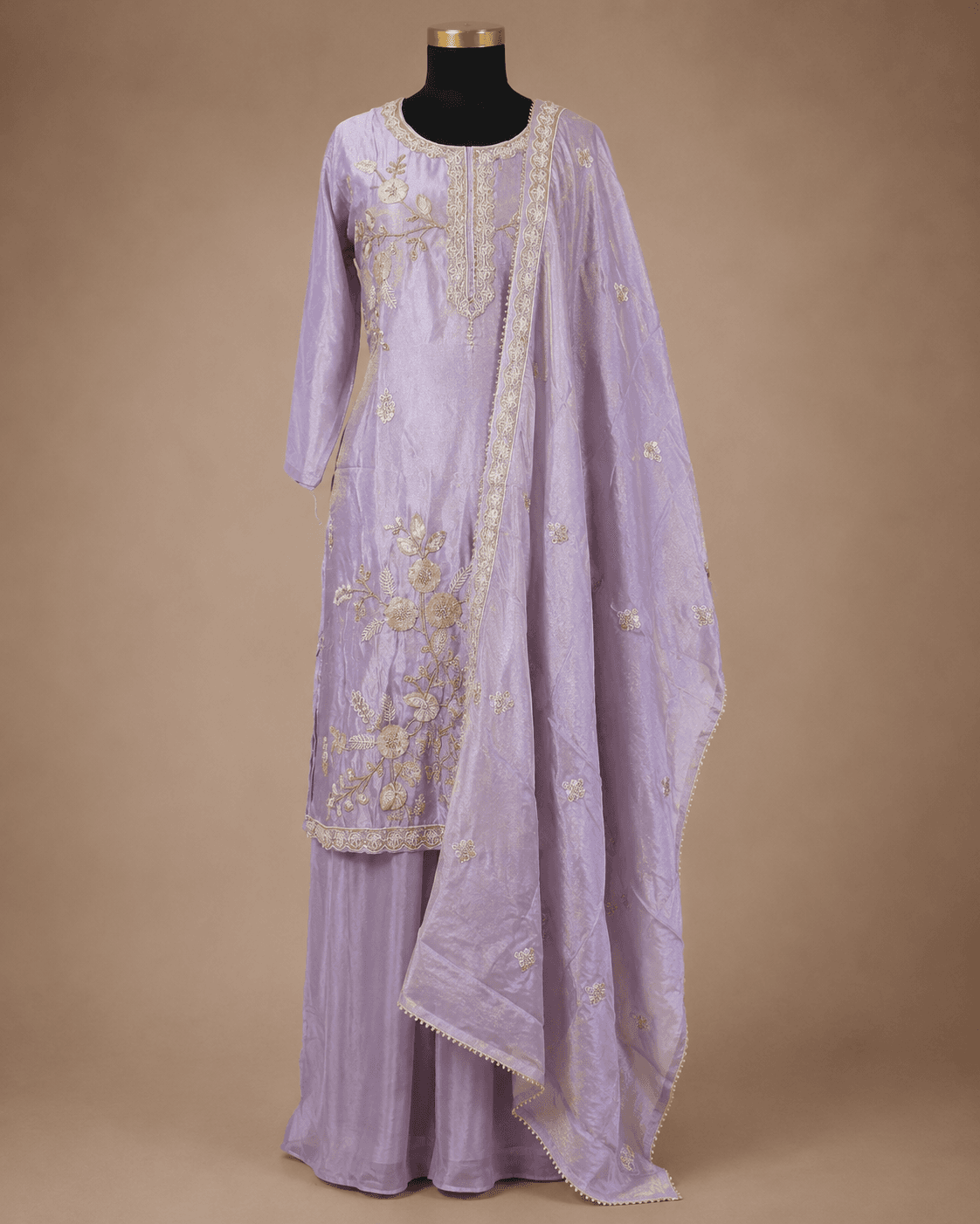 Lavender Gold Floral Embroidered Kurta Palazzo Set