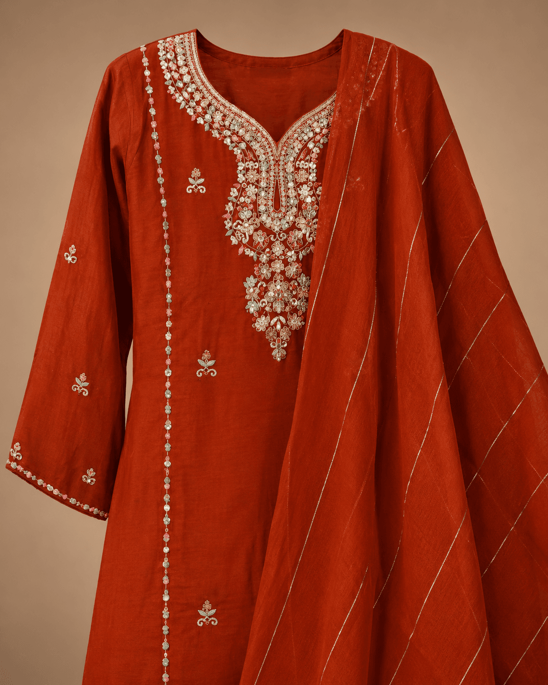 Rust Orange Zari Embroidered Kurta Palazzo Set