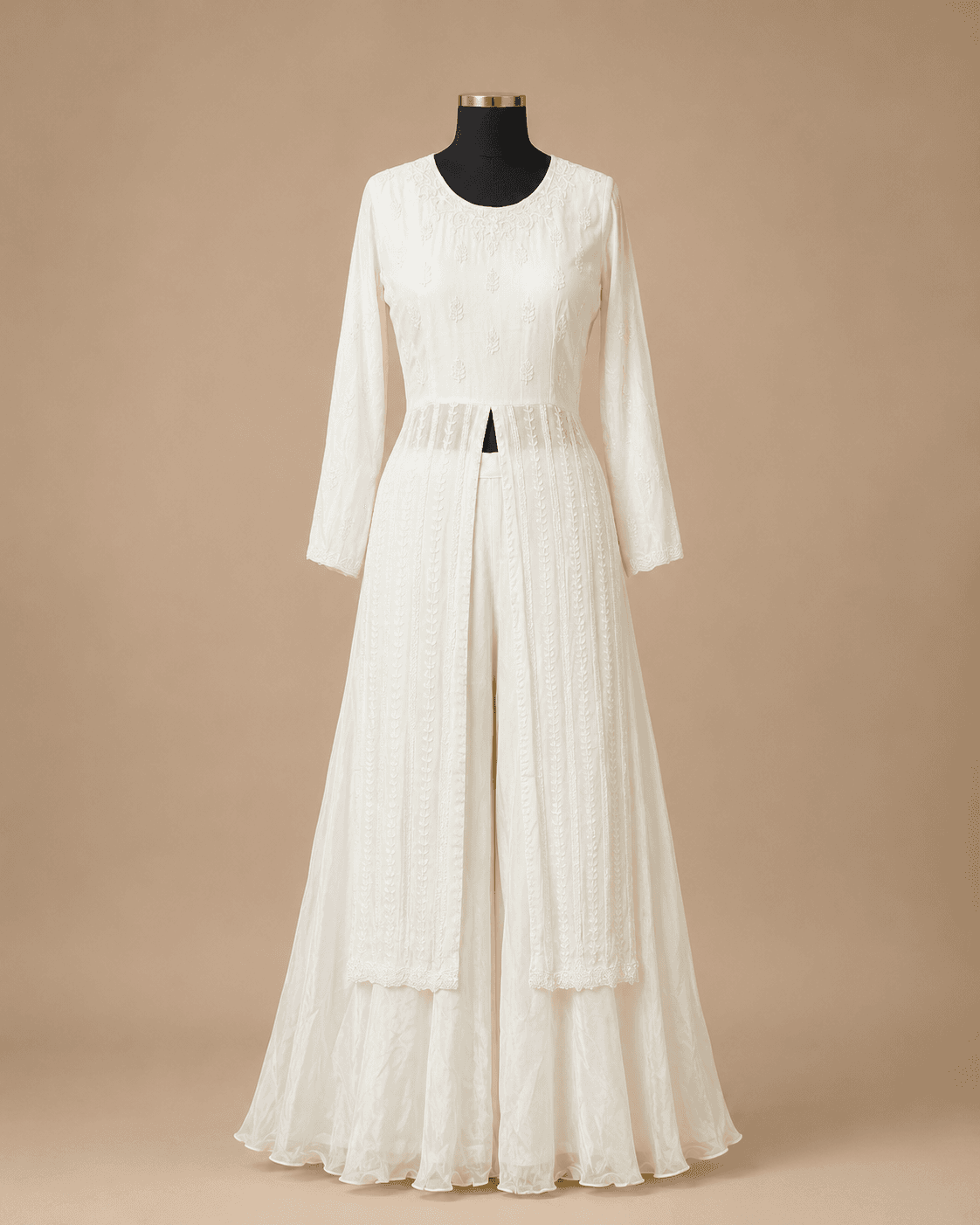 Ivory White Embroidered Cut-Out Anarkali Gown