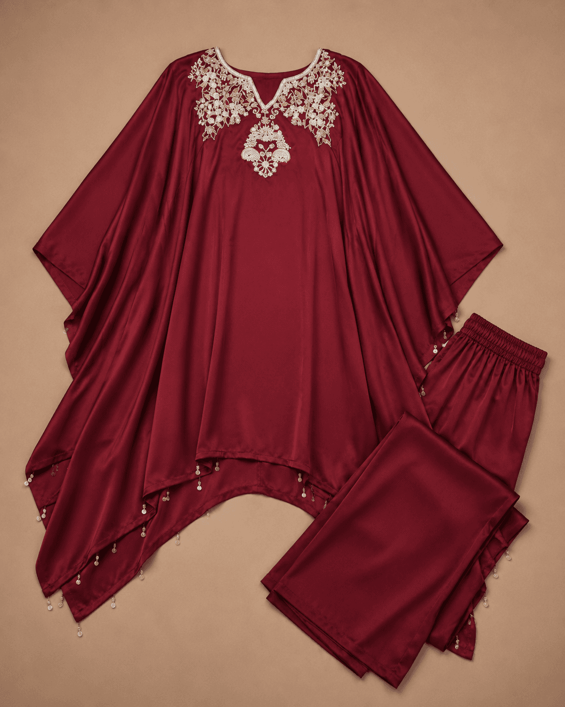 Maroon Floral Embroidered Kaftan Palazzo Set